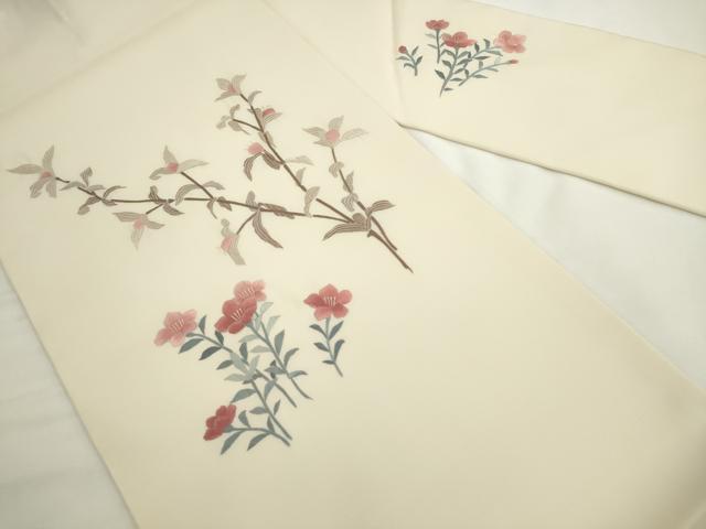 平和屋着物●九寸名古屋帯　総刺繍　草花文　正絹　逸品　AABL2424pf