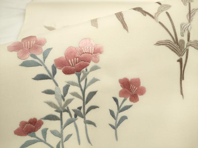 平和屋着物●九寸名古屋帯　総刺繍　草花文　正絹　逸品　AABL2424pf