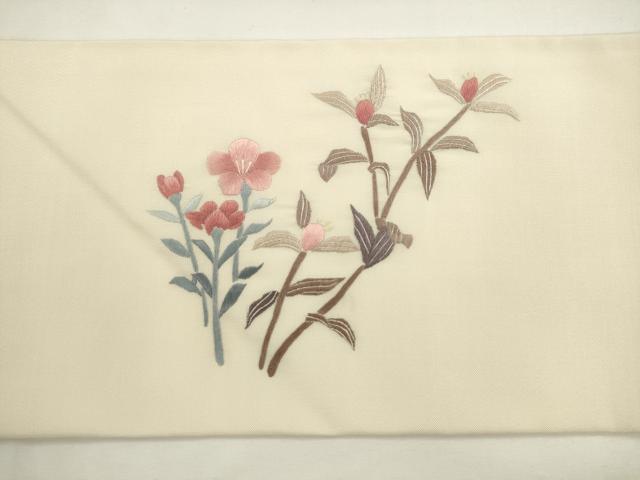 平和屋着物●九寸名古屋帯　総刺繍　草花文　正絹　逸品　AABL2424pf