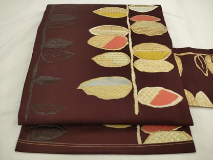 平和屋着物●九寸名古屋帯　枝葉文　金糸　正絹　逸品　AABL2429pf
