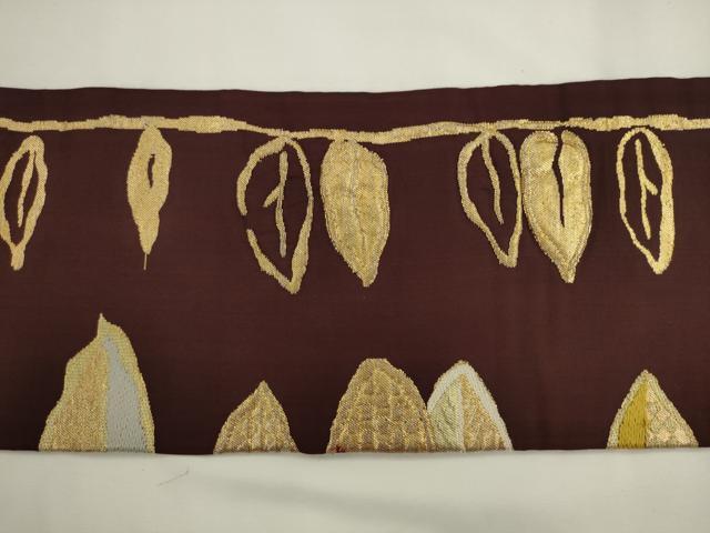 平和屋着物●九寸名古屋帯　枝葉文　金糸　正絹　逸品　AABL2429pf