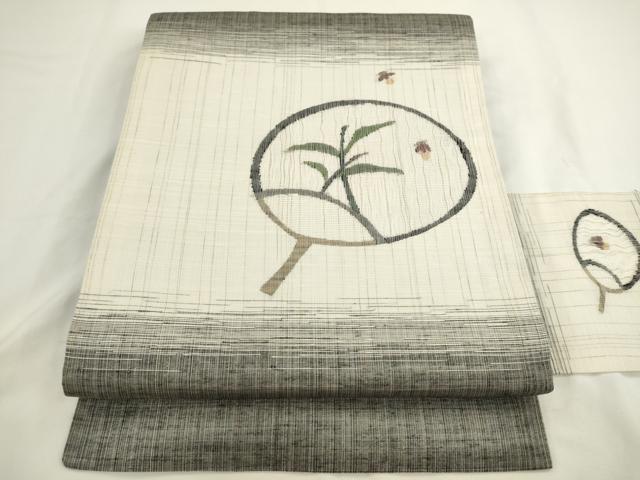 平和屋着物▽西陣　宮階織物　宮繍苑　里葉　九寸名古屋帯　スリーシーズン　春夏秋　団扇　蛍　金糸　正絹　逸品　AABL2438pf
