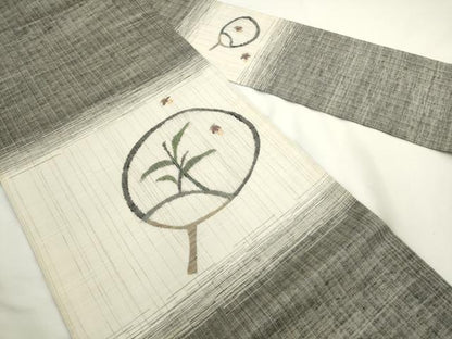 平和屋着物▽西陣　宮階織物　宮繍苑　里葉　九寸名古屋帯　スリーシーズン　春夏秋　団扇　蛍　金糸　正絹　逸品　AABL2438pf