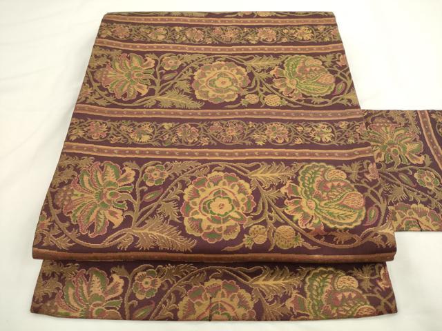 平和屋着物●全通柄九寸名古屋帯　更紗花文　金糸　正絹　逸品　AABL2440pf