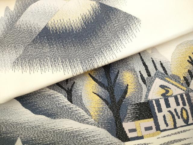 平和屋着物●爪掻き本綴れ　八寸名古屋帯　風景文　金糸　正絹　逸品　AABL2441pf
