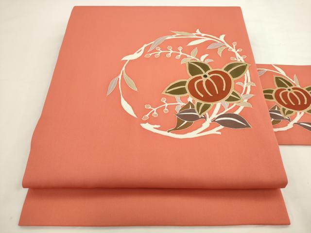 平和屋着物●塩瀬　九寸名古屋帯　駒刺繍　草花文　正絹　逸品　AABL2453pf