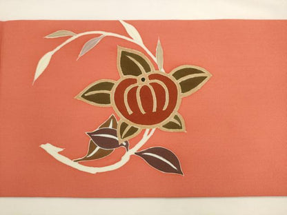 平和屋着物●塩瀬　九寸名古屋帯　駒刺繍　草花文　正絹　逸品　AABL2453pf
