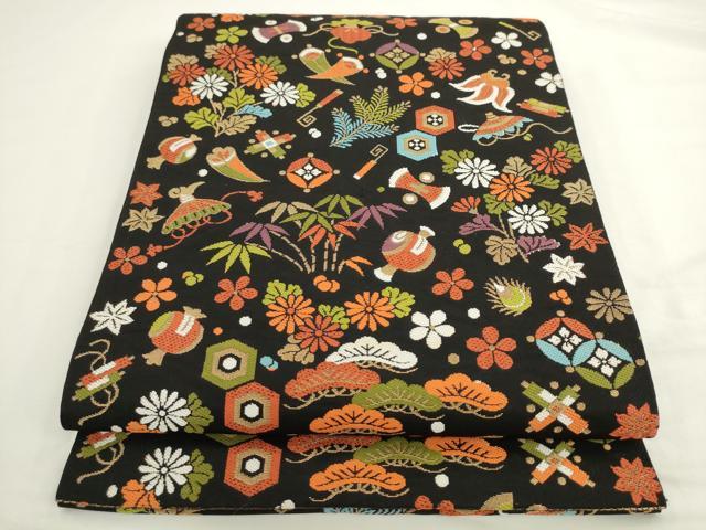 平和屋着物●六通柄　本袋帯　宝尽くし　黒地　金糸　正絹　逸品　AABL2455pf