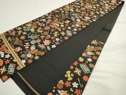 平和屋着物●六通柄　本袋帯　宝尽くし　黒地　金糸　正絹　逸品　AABL2455pf