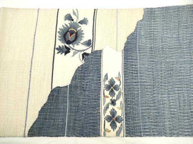 平和屋着物▽太鼓柄袋帯　スリーシーズン　春夏秋　すくい織　更紗花文　銀糸　さが美扱い　反端付き　正絹　逸品　AABL2456pf