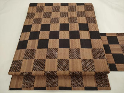 平和屋着物●全通柄九寸名古屋帯 市松文様 花織 正絹 逸品 AABL2467pf