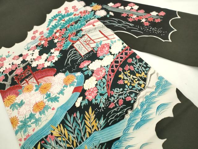 平和屋着物●塩瀬 九寸名古屋帯 手描き 風景文 黒地 正絹 逸品 AABL2475pf