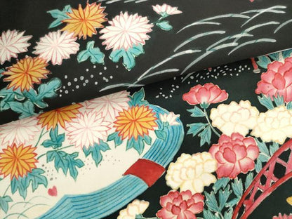 平和屋着物●塩瀬 九寸名古屋帯 手描き 風景文 黒地 正絹 逸品 AABL2475pf
