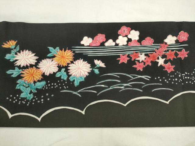 平和屋着物●塩瀬 九寸名古屋帯 手描き 風景文 黒地 正絹 逸品 AABL2475pf
