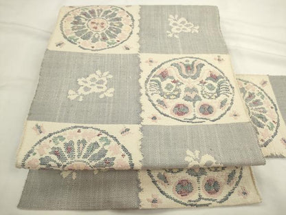 平和屋着物●八寸名古屋帯 紬地 花鳥丸文 正絹 逸品 AABL2482pf
