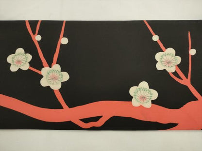 平和屋着物●塩瀬 九寸名古屋帯 枝桜 黒地 正絹 逸品 AABL2485pf