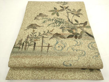 平和屋着物●太鼓柄袋帯　紬地　手描き　風景文　正絹　逸品　AABL2500pf