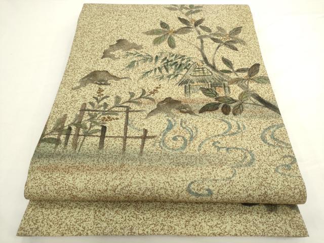 平和屋着物●太鼓柄袋帯　紬地　手描き　風景文　正絹　逸品　AABL2500pf