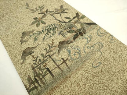 平和屋着物●太鼓柄袋帯　紬地　手描き　風景文　正絹　逸品　AABL2500pf