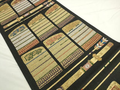 平和屋着物▽六通柄袋帯　スリーシーズン　春夏秋　鎧縅　黒地　金銀糸　正絹　逸品　AABL2501pf