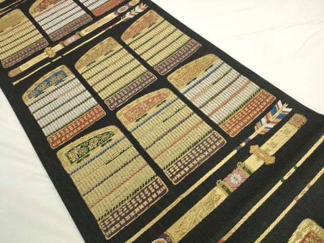 平和屋着物▽六通柄袋帯　スリーシーズン　春夏秋　鎧縅　黒地　金銀糸　正絹　逸品　AABL2501pf