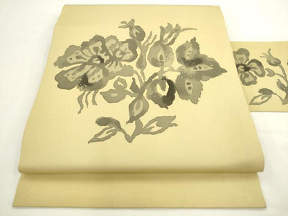 平和屋着物●塩瀬　九寸名古屋帯　ろうけつ染め　草花文　正絹　逸品　AABL2502pf