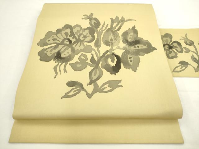平和屋着物●塩瀬　九寸名古屋帯　ろうけつ染め　草花文　正絹　逸品　AABL2502pf