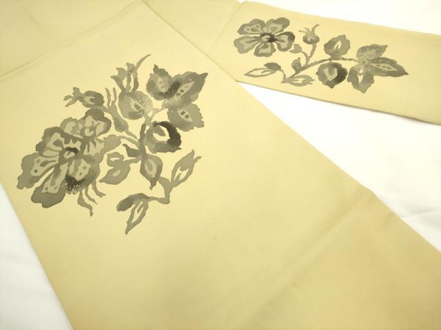 平和屋着物●塩瀬　九寸名古屋帯　ろうけつ染め　草花文　正絹　逸品　AABL2502pf