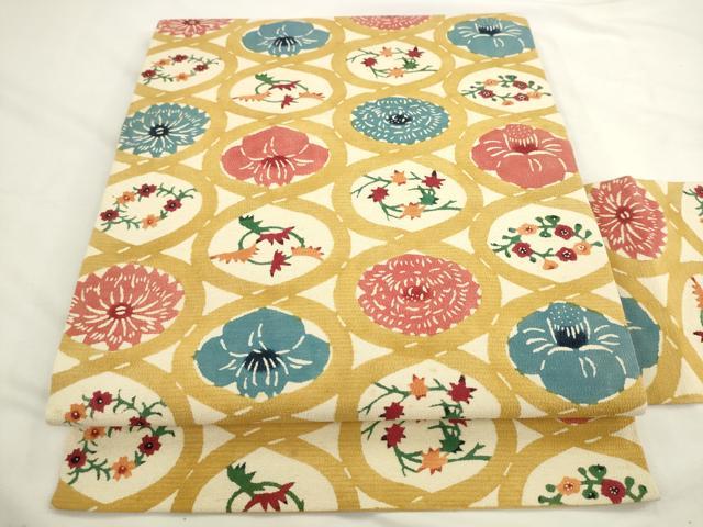 平和屋着物●九寸名古屋帯　型染め　草花文　正絹　逸品　AABL2503pf