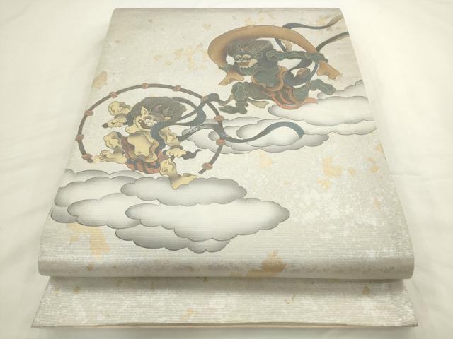 平和屋着物●伝統工芸士　白井功　太鼓柄袋帯　螺鈿箔　風神雷神　きぬはく　正絹　逸品　AABL2506pf