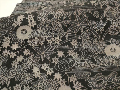 平和屋着物●染色工芸作家　本郷葵虹　九寸開き名古屋帯　流水草花文　黒地　銀通し地　正絹　逸品　AABL2507pf