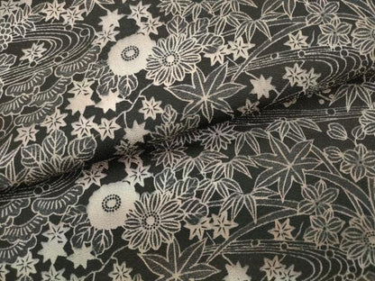 平和屋着物●染色工芸作家　本郷葵虹　九寸開き名古屋帯　流水草花文　黒地　銀通し地　正絹　逸品　AABL2507pf