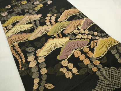 平和屋着物●六通柄袋帯　唐織　松文　黒地　正絹　逸品　AABL2509pf