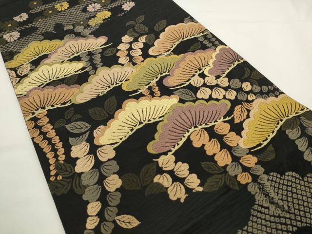 平和屋着物●六通柄袋帯　唐織　松文　黒地　正絹　逸品　AABL2509pf