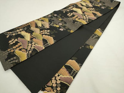 平和屋着物●六通柄袋帯　唐織　松文　黒地　正絹　逸品　AABL2509pf