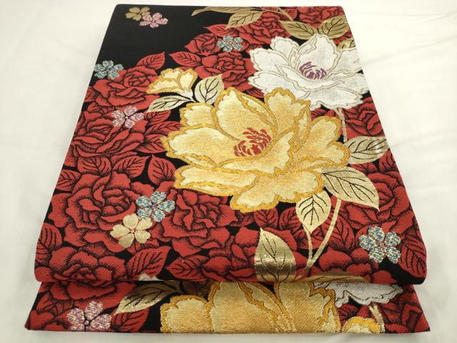 平和屋着物●六通柄袋帯　草花文　薔薇　黒地　金糸　正絹　逸品　AABL2512pf