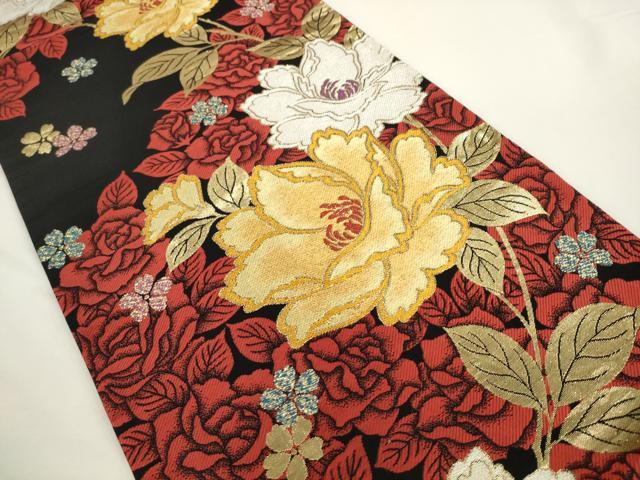 平和屋着物●六通柄袋帯　草花文　薔薇　黒地　金糸　正絹　逸品　AABL2512pf