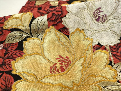 平和屋着物●六通柄袋帯　草花文　薔薇　黒地　金糸　正絹　逸品　AABL2512pf