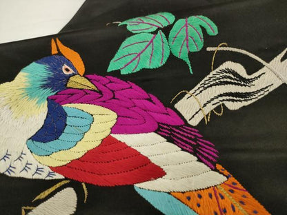 平和屋着物●アンティーク　大正ロマン　九寸名古屋帯　総手刺繍　休み鳥　黒地　正絹　逸品　AABL2514pf