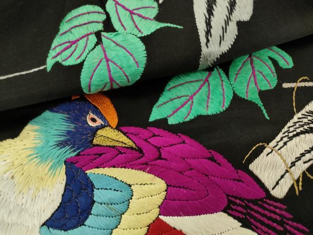 平和屋着物●アンティーク　大正ロマン　九寸名古屋帯　総手刺繍　休み鳥　黒地　正絹　逸品　AABL2514pf