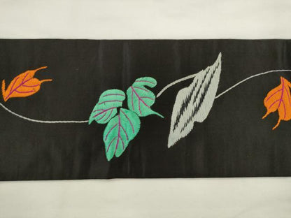 平和屋着物●アンティーク　大正ロマン　九寸名古屋帯　総手刺繍　休み鳥　黒地　正絹　逸品　AABL2514pf