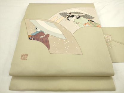 平和屋着物●塩瀬　九寸名古屋帯　作家物　手描き　地紙重ね女人文　正絹　逸品　AABL2531pf