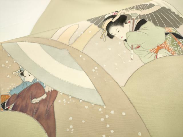平和屋着物●塩瀬　九寸名古屋帯　作家物　手描き　地紙重ね女人文　正絹　逸品　AABL2531pf