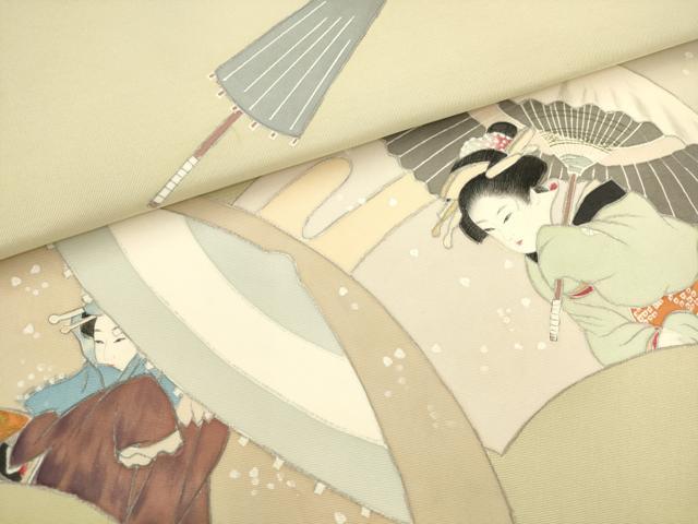 平和屋着物●塩瀬　九寸名古屋帯　作家物　手描き　地紙重ね女人文　正絹　逸品　AABL2531pf