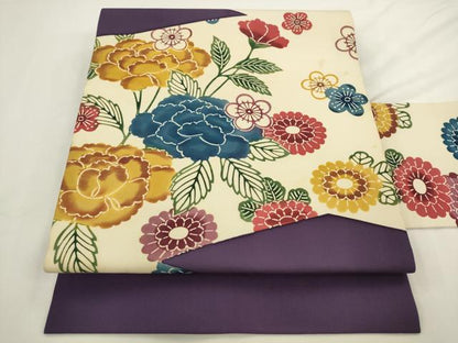 平和屋着物●塩瀬　九寸名古屋帯　型染め　草花文　正絹　逸品　AABL2540pf