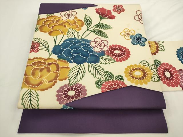 平和屋着物●塩瀬　九寸名古屋帯　型染め　草花文　正絹　逸品　AABL2540pf