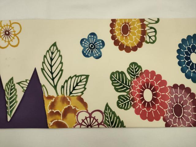 平和屋着物●塩瀬　九寸名古屋帯　型染め　草花文　正絹　逸品　AABL2540pf