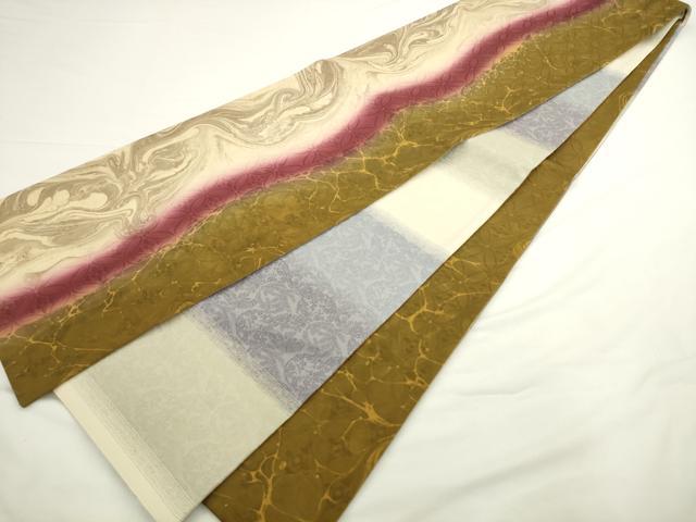 平和屋着物●両面全通柄袋帯　墨流し花文　銀糸　正絹　逸品　AABL2545pf