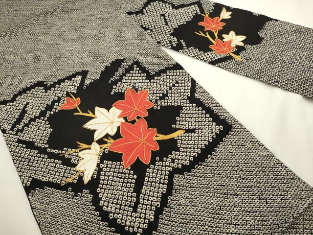 平和屋着物●九寸名古屋帯　絞り　駒刺繍　枝葉文　黒地　正絹　逸品　AABL2546pf