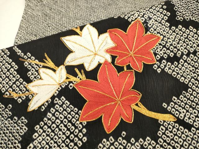 平和屋着物●九寸名古屋帯　絞り　駒刺繍　枝葉文　黒地　正絹　逸品　AABL2546pf